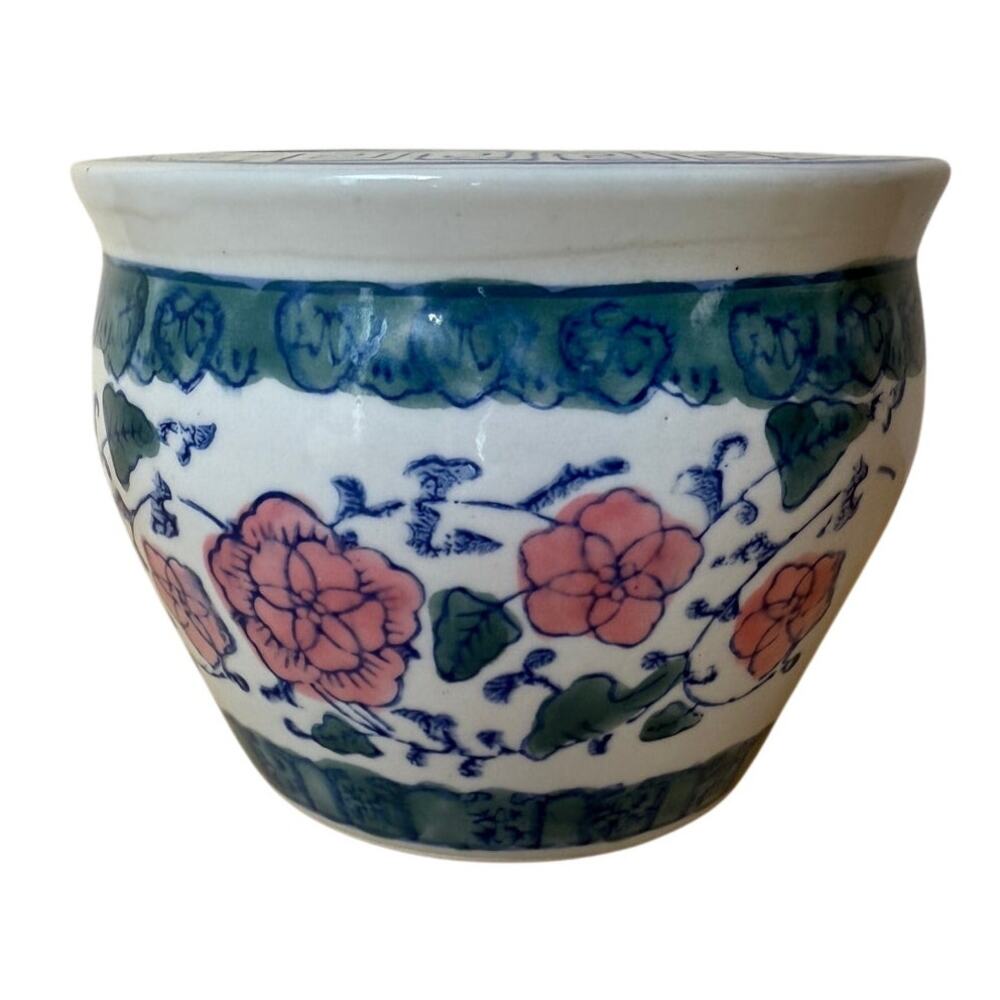 Vtg Chinese Porcelain Planter Floral & Blue Greek Key Fishbowl Pot Chinoiserie